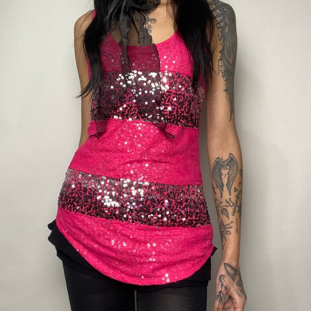Daytrip Hot Pink Lace Sequin Tank Top Size M Y2K Glam Going Out Longline Cami